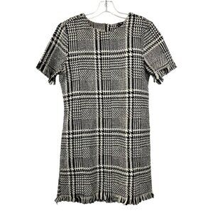 La Classe Couture Womens Short Sleeve Shift Dress Black/Ivory Plaid Fringe S